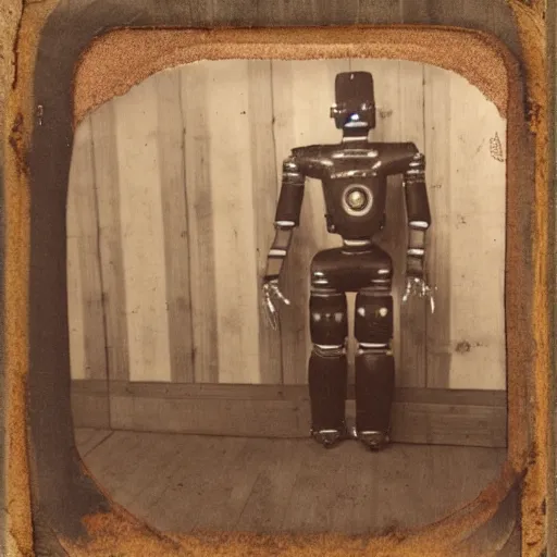 Prompt: humanoid robot in wood paneled room, underground room designed to look like log cabin, robot, tintype photograph