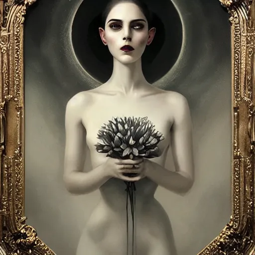 Image similar to By Tom Bagshaw, ultra realist soft painting of a flower field by night, long dress female, horror, omnious sky, symmetry accurate features, very intricate details, black and white, volumetric light clouds