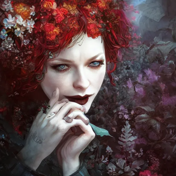 Image similar to goth christina hendricks and flowers, tankoban, 4 k, tone mapping, akihiko yoshida, james jean andrei riabovitchev marc simonetti, yoshitaka amano, long hair, curly, h. hydrochaeri