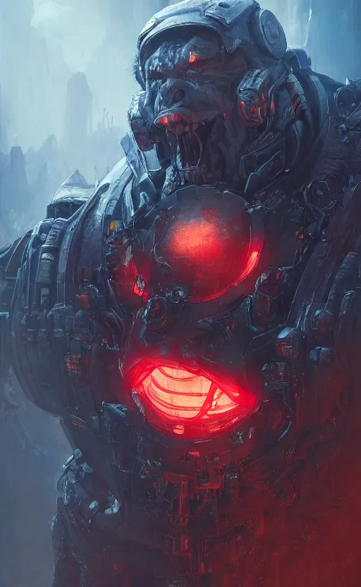 Prompt: a beautiful artwork illustration, a cybernetic orc design in platinum armor, mechanical, led lights, volumetric fog, godrays, high contrast, high contrast, high contrast, vibrant colors, vivid colors, high saturation, by Greg Rutkowski and Jesper Ejsing and Raymond Swanland, featured on artstation, wide angle, vertical orientation