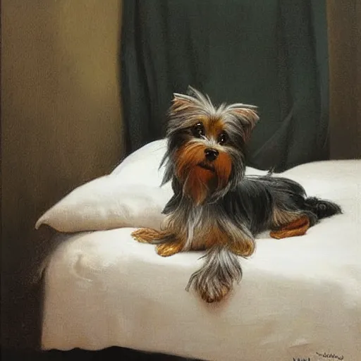 Prompt: an old happy brown and gray Yorkshire terrier dog lounging in a white bed, long hair, extremely detailed masterpiece, illustration, by Michael Sowa,