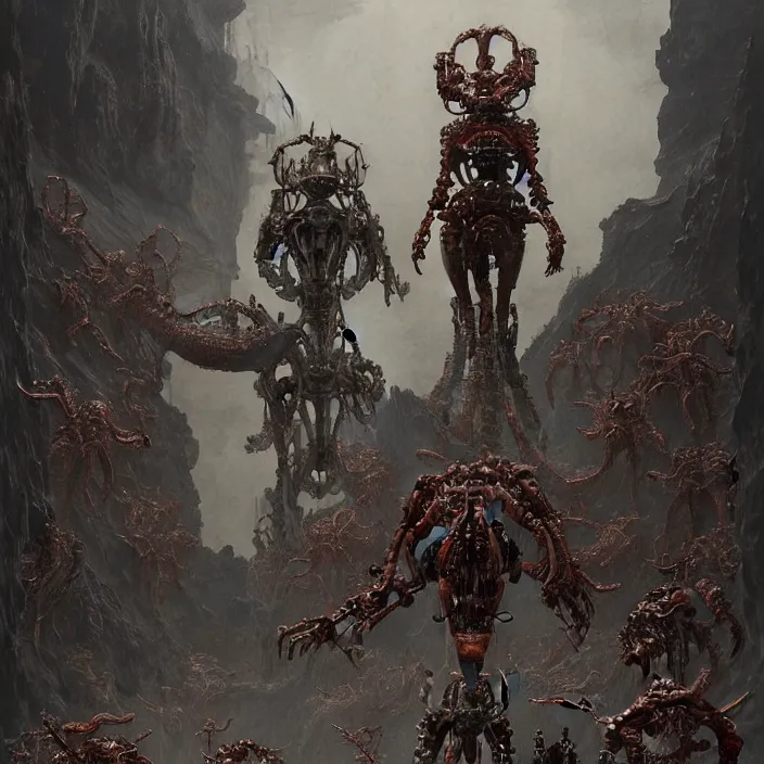 Image similar to still frame from Prometheus by Jakub Rozalski and utagawa kuniyoshi, infinite Hell Scape with gigantic mecha demons and ornate bone cyborgs by Wayne Barlowe by peter Mohrbacher by Giger, dressed by Alexander McQueen and by Neri Oxman, metal couture hate couture editorial