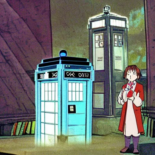 Prompt: a scene from dr who with a tardis, studio Ghibli