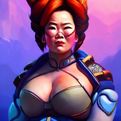 Image similar to a screenshot of arnold schwarzenegger as mei in overwatch, portrait, fantasy, beautiful face, vivid colors, elegant, concept art, sharp focus, digital art, hyper - realistic, 4 k, unreal engine, highly detailed, hd, dramatic lighting by brom, trending on artstation