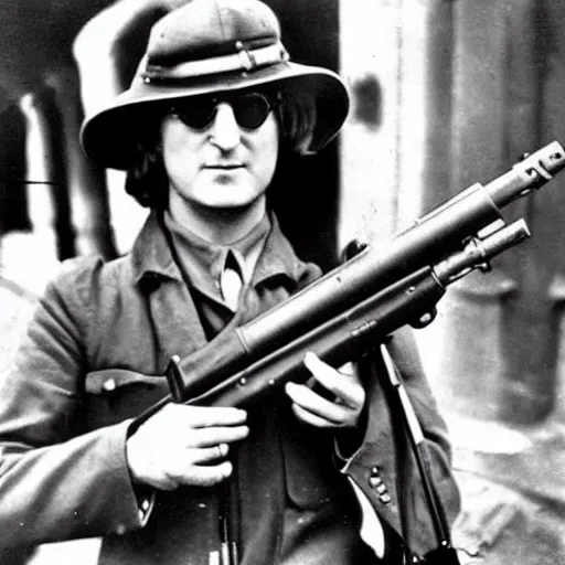 Image similar to old wartime photograph of john lennon holding a lewis gun, 1 9 1 7