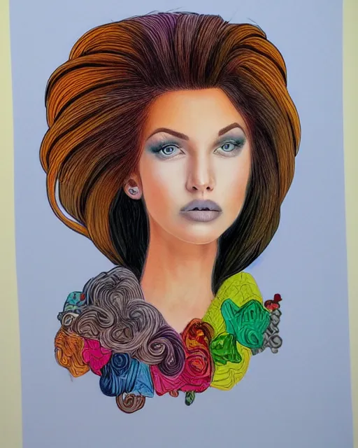 Image similar to a young woman with an extravagant hair style, colored pencil highly realistic rendering graphic collage in the style of Erica Rose Levine