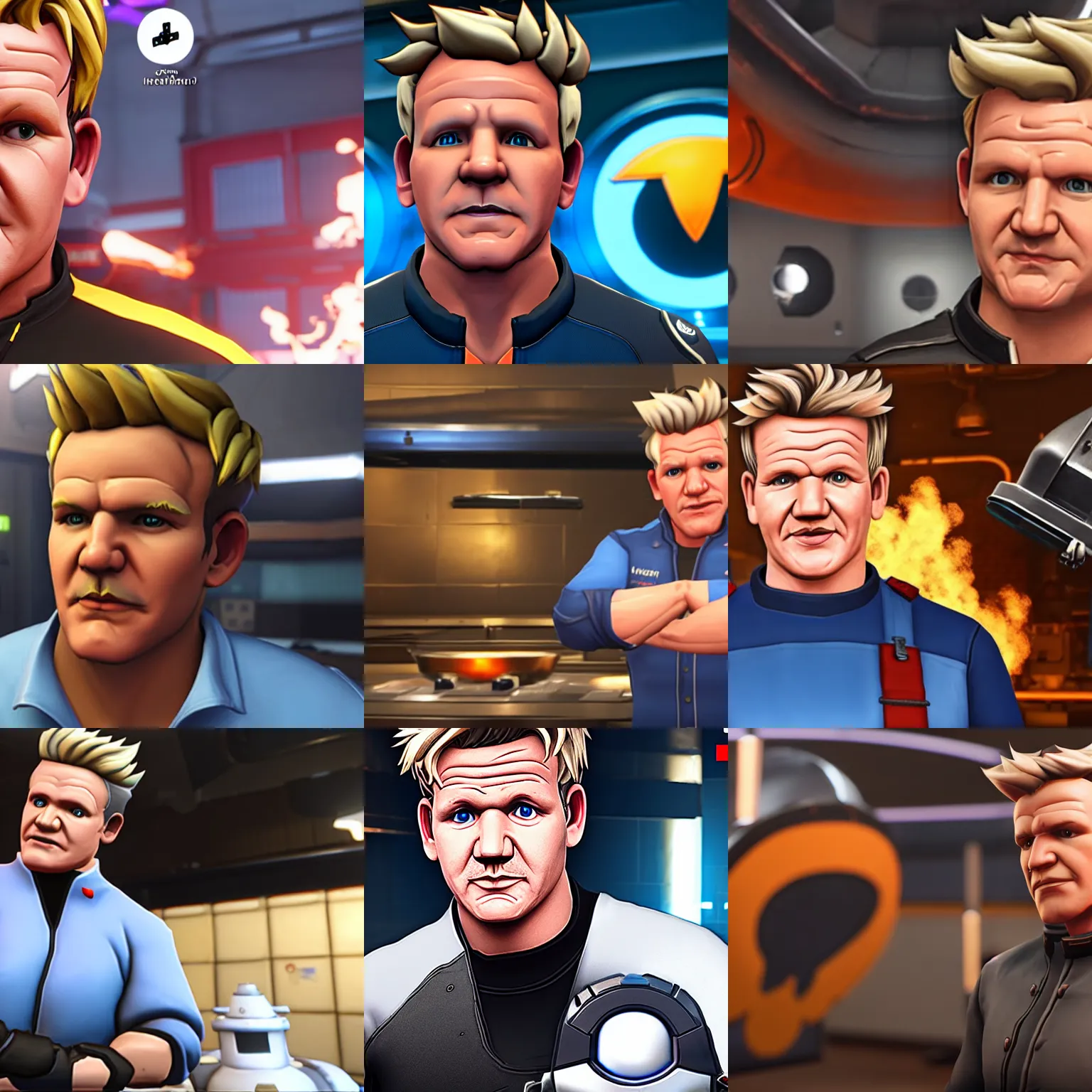 Prompt: a screenshot of gordon ramsay in the video game overwatch, ultrafine detail