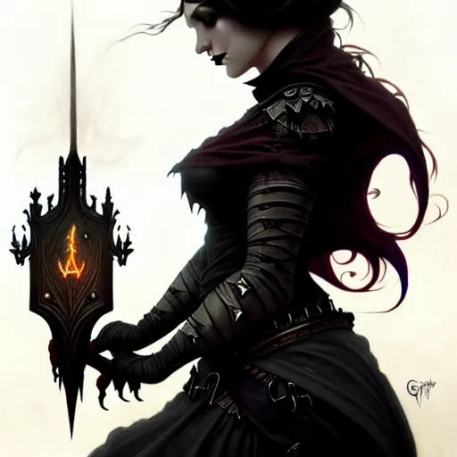 Image similar to A epic fantasy portrait of a cute goth woman, castle setting, horror movie lightning, intricate, elegant, highly detailed, digital painting, artstation, concept art, matte, sharp focus, illustration, art by Artgerm and Greg Rutkowski and Alphonse Mucha