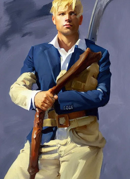 Image similar to greg manchess portrait painting of a blond man in a blue suit with a sword and a pistol, asymmetrical, profile picture, organic painting, sunny day, matte painting, bold shapes, hard edges, street art, trending on artstation, by huang guangjian, gil elvgren, ruan jia, randy vargas, greg rutkowski