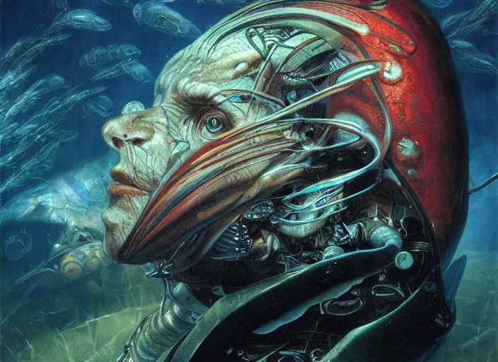 Image similar to pike fish with glowing head, neural cybernetic interface, glowing veins subsurface scattering, deep sea underwater photography, by gerald brom, by mikhail vrubel, by peter elson, muted colors, extreme detail, trending on artstation, 8 k