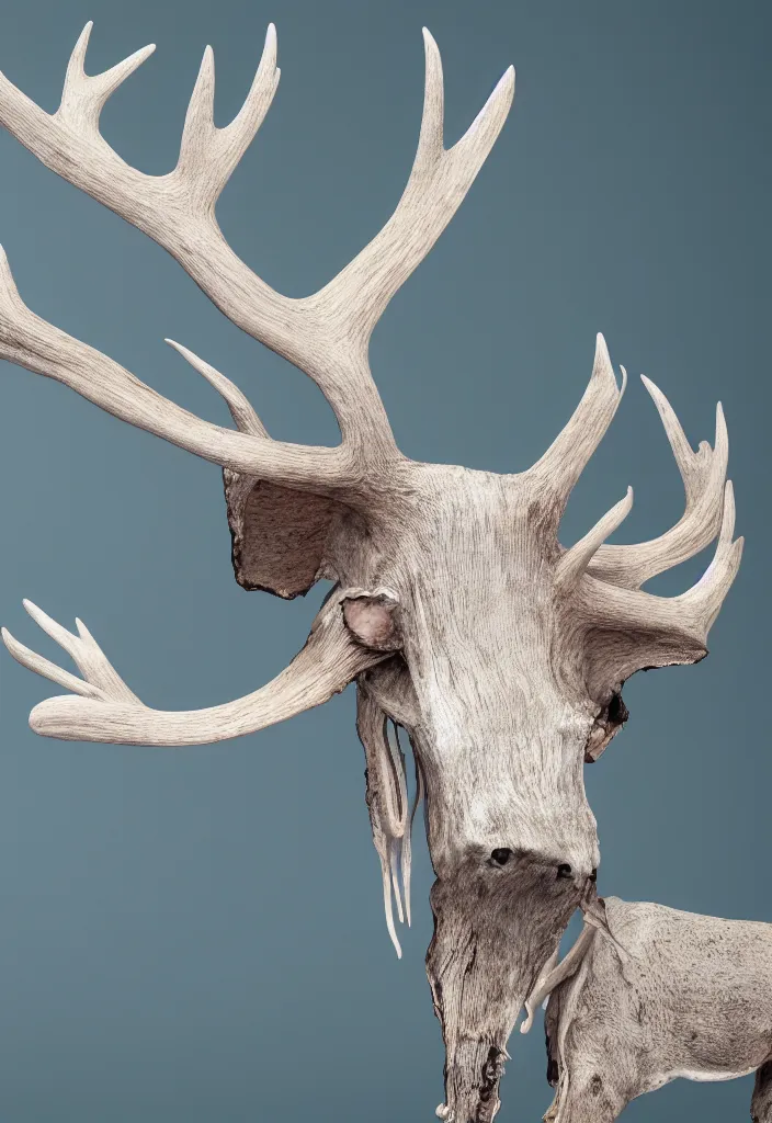 Image similar to delicate animal innards, antlers white bones ,melted wax, sharp slate. complementary color scheme. national geographic. 8k, rendered in octane, smooth gradients. blue whale