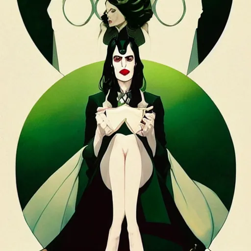 Image similar to Joshua Middleton comic art, wide shot, stunning elegant female Eva Green, spy, kabuki mask, beautiful evil sneer, symmetrical face, symmetrical eyes, leather clothing and boots, long straight green black hair, full body, Midnight pattern