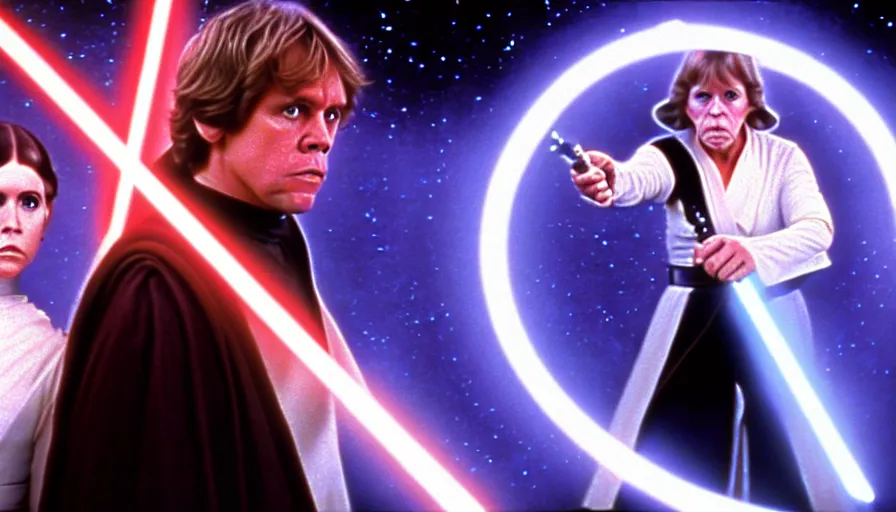 Image similar to screenshot portrait of Luke Skywalker and Princess Leia, facing off against an incredibly haunting female sith lord in white, on a sith planet of purple magic maelstrom, iconic scene from the 1970s sci fi thriller film by Stanley Kubrick, HR Geiger, stunning cinematography, hyper-detailed, sharp, anamorphic lenses, kodak color stock, 4k, stunning