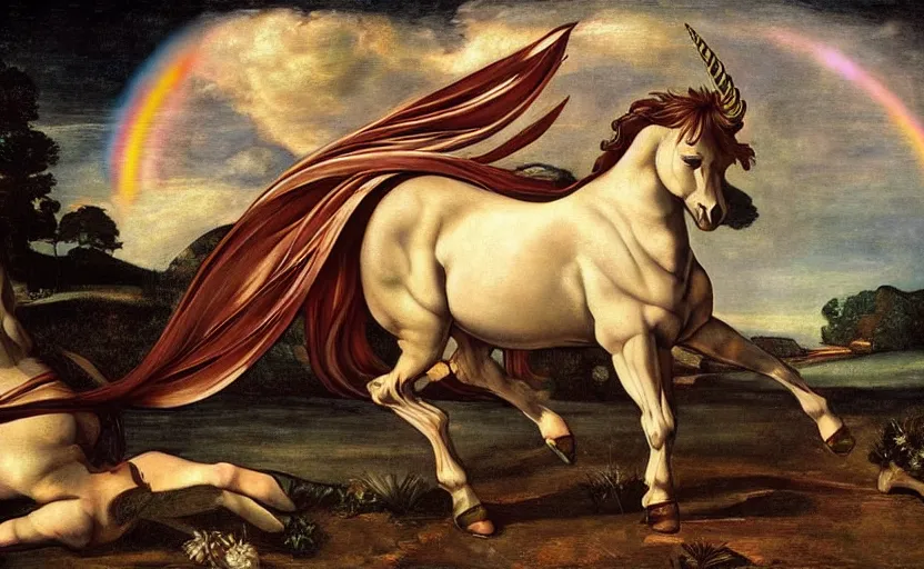 Image similar to a lonely unicorn walking on a rainbow in the universe in the style of Caravaggio, digital art, high quality, highly detailed, high coherence, anatomically correct, Caravaggio, concept art, marterpiece