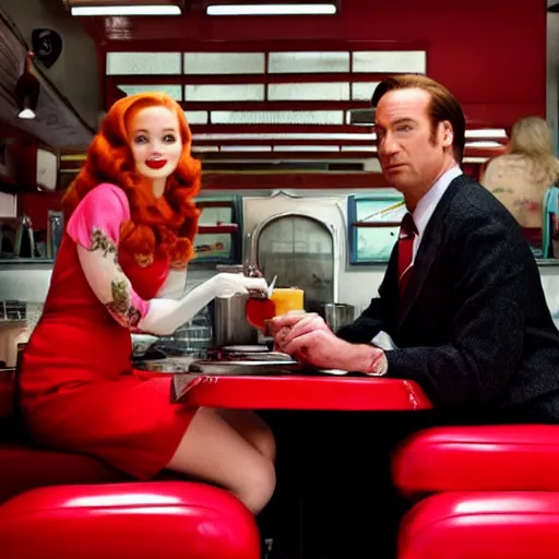 Prompt: closeup of madelaine petsch and saul goodman at a 5 0 s diner with red booths, still from breaking bad
