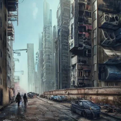 Prompt: hyperrealistic matte painting of a desolate city street, group of travelers walking under massive buildings that reach the sky, intricate detail, complex, long street, cyberpunk buildings, graffiti, cyberpunk ads, 8 k resolution, technological, endless street, by hugh ferris, by noriyoshi ohrai, cyberpunk style, smooth, octane, concept art, trending on artstation