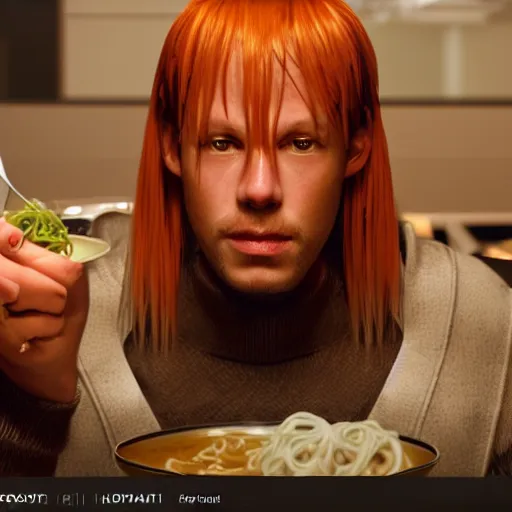 Image similar to a portrait of Korbin Dallas from the movie The Fifth Element eating a bowl of ramen, 8k resolution, extremely detailed, octane render, HQ, colored HQ