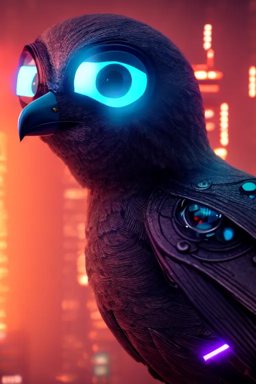 Image similar to high quality 3 d render very cute cyborg crow! incorporated speakers!, cyberpunk highly detailed, unreal engine cinematic smooth, in the style of blade runner & detective pikachu, hannah yata charlie immer, moody light, low angle, uhd 8 k, sharp focus