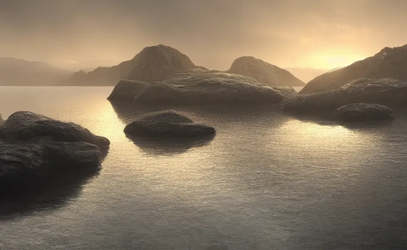 Image similar to a strange lake directed by charlie kaufman ( 2 0 0 1 ) anamorphic lenses, a rocky shore in the foreground, foggy volumetric light morning, a beam of light from the heavens, cinematic trending on artstation in the style of greg rutkowski