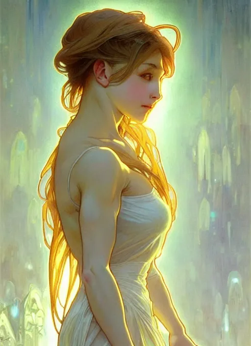 Prompt: digital character concept art by artgerm and greg rutkowski and alphonse mucha. clear portrait taken in 2 0 2 2 of a young wife blessed by god to uncontrollably become overwhelmingly perfect!! blonde, clothed! obviously feminine holy body!! light effect. hyper detailed, glowing lights!! intricate, elegant, digital painting, artstation, smooth, sharp focus