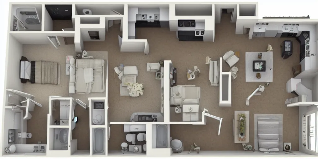 Image similar to 3 d floor plan of a one bedroom apartment, top view, realistic, detailed