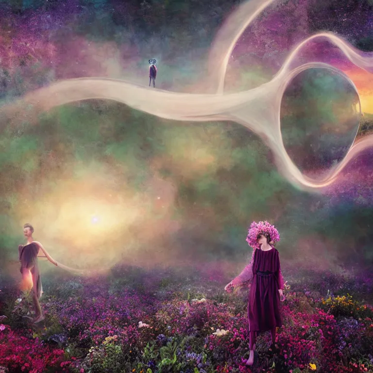 Image similar to a planet of various flowers, fungus and plants, in which the singular human figure is dressed in something magical and impressive, inside the picture is infinity, sunset light, Atmospheric phenomenon, artistic photography, muted colors, conceptual, long exposure outside the city, volumetric light