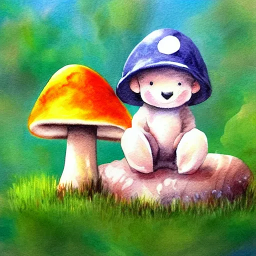 Prompt: a professional water painting of a cute creature sitting next to a mushroom, detailed