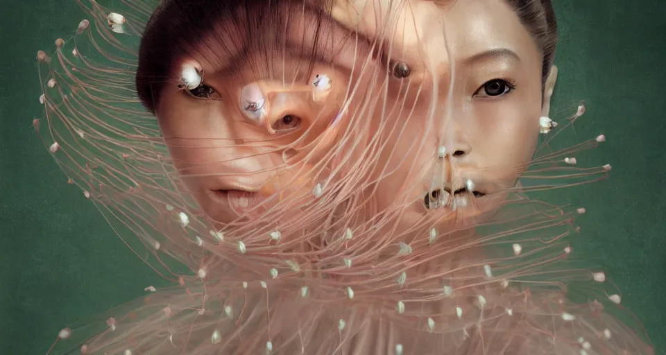 Image similar to closeup shot of asian female wearing a luminous soft fragile jelly fish dress, symmetrical face, by ray caesar, by louise dahl wolfe, by andrea kowch, by anna claren, surreal photography