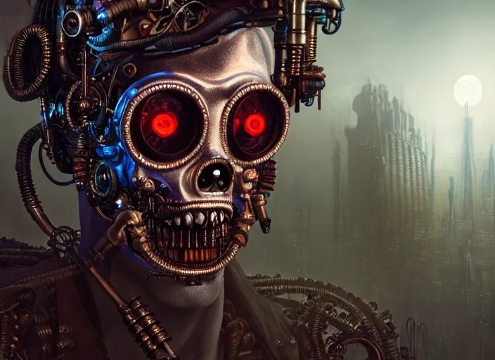 Image similar to an intricately detailed ultra - realistic unreal engine 5 rendering of a portrait of steampunk cyberpunk neon - bordered cyborg zombie phantom of the opera, concept art, intricate details, eerie, highly detailed, photorealistic, octane render, 8 k uhd art by kilian eng