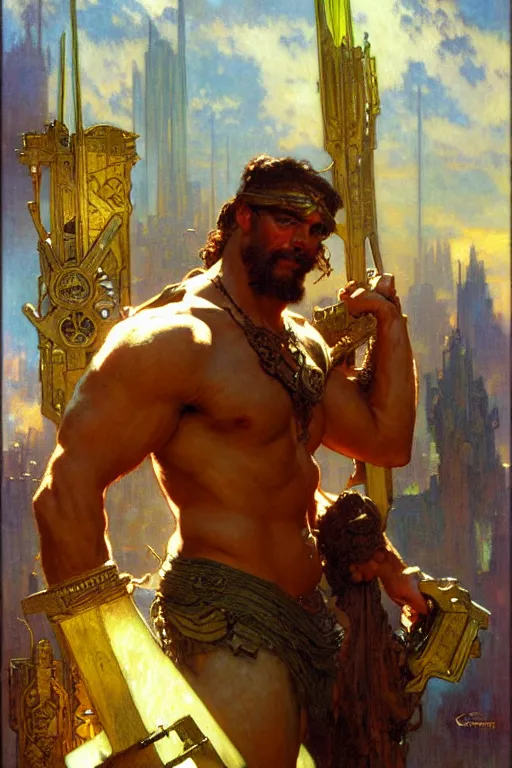 Image similar to hercules, cyberpunk, painting by gaston bussiere, craig mullins, greg rutkowski, alphonse mucha