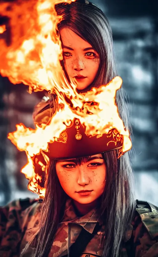 Prompt: portrait photo of a girl, highly detailed, flames in the background, high resolution, cosplay photo, stunning, girls frontline style, bokeh soft, shot on 70mm, zenithal lightning, trending on instagram, by award winning photographer, realistic human anatomy, real human faces, realistic military carrier, soldier clothing, modern warfare, salute pose, shot with a professional camera, low saturation, soldier clothing