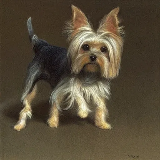 Prompt: Yorkshire terrier dog, long hair, extremely detailed masterpiece, illustration, by Michael Sowa,