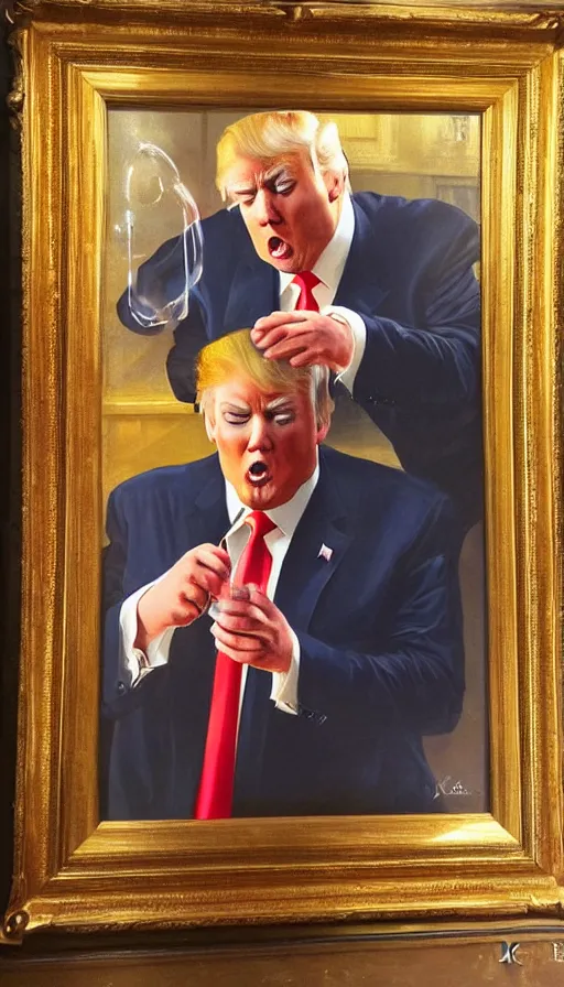 Prompt: painting of Donald Trump blowing bubbles, by Peder Krøyer, dramatic lighting, volumetric lighting, golden hour, epic, intricate detail, canvas print