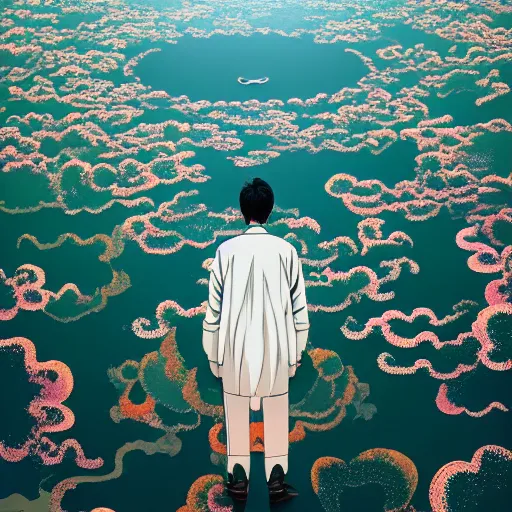 Image similar to a man walking on clouds away from the camera above kyoto by takashi murakami, beeple and james jean, aya takano color style, 4 k, super detailed, modern, 4 k, symmetrical