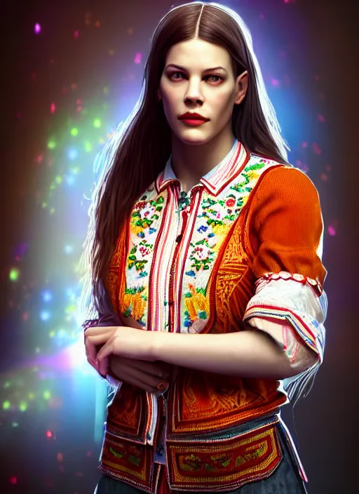 Image similar to young liv tyler, ukrainian national clothes, embroidered shirt, portrait of young woman, 8 k ultra realistic, lens flare, atmosphere, glow, detailed, intricate, full of colour, led lighting, 4 k, hyperrealistic, focused, extreme details, unreal engine 5, masterpiece