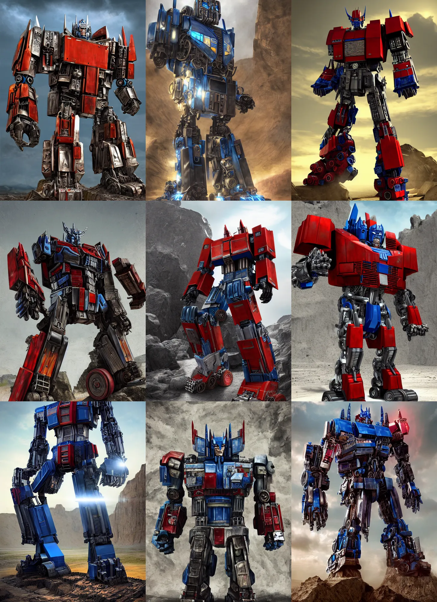 Prompt: exciting character portrait of optimus prime from transformers 2 0 0 7 standing in a rock quarry, daytime, digital painting, robot, robot made of truck parts, trending on artstation, truck cab chest, concept art, industrial light and magic, industrial light & magic, ilm, substance painter, painted texture maps, good value control, realistic textures, realistically proportioned body