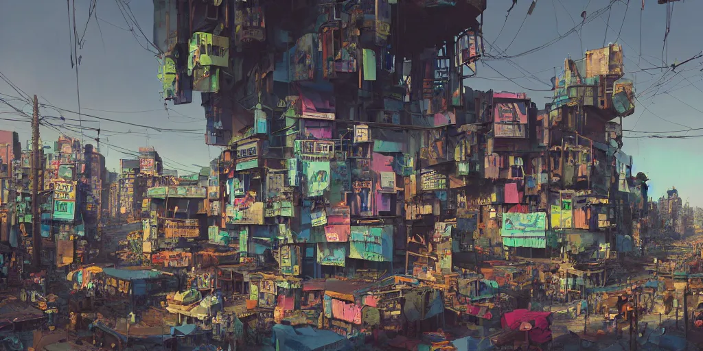 Prompt: stylish - caricature - environment concept - art of a neon lit ajegunle slum in nigeria, puffy clouds, photographed by vivian maier, unreal engine 3 d vfx render, digital illustration by mike winkelmann, intricate detail, sharp, volumetric light, ray tracing, soft light, colourful, claymation, acrylic on canvas, cinestill, rule of thirds,