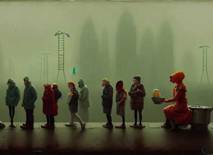 Image similar to waiting in line for cold soup by simon stalenhag and gil elvgren and tom bagshaw, rich vs poor, highly detailed, hyperrealism, dreary, cold, cloudy, grey, smog, high contrast, solarpunk