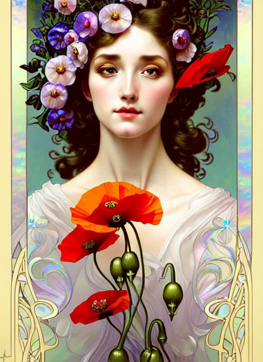 Prompt: poppy flowers, rococo and art nouveau fusion, iridescent diaphanous refractive and reflective flower bouquet, tarot card, highly detailed, deep focus, elegant, digital painting, smooth, sharp focus, illustration, ultra realistic, 8 k, art by artgerm and alphonse mucha