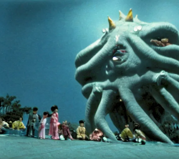 Image similar to Pulgasari the North Korean starfish monster, volumetric lighting, filmstill, produced by Kim Jong-il, Kodachrome, kaiju-eiga, monster movie