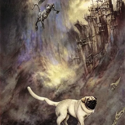 Image similar to a magical land of flying pug dogs, luis royo, frazetta, whealan,