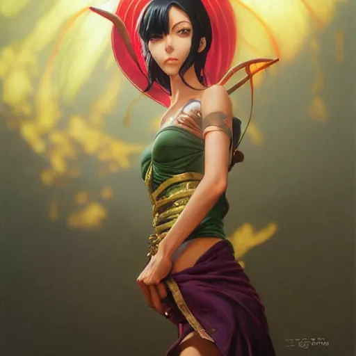 Image similar to highly detailed vfx portrait of nico robin by eiichiro oda!, stephen bliss, greg rutkowski, loish, rhads, beeple, makoto shinkai, tom bagshaw, alphonse mucha, sharp focus, art by artgerm and greg rutkowski, stanley kubrick, backlit, harsh overhead sunlight,