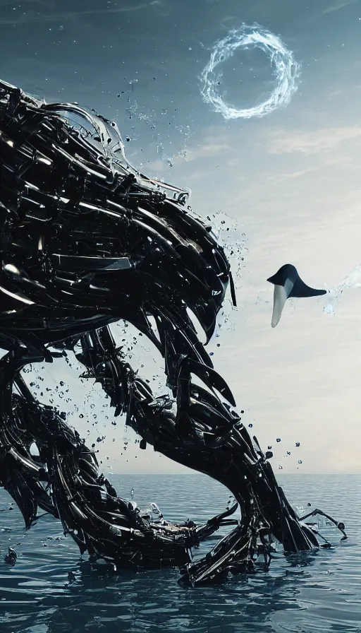 Image similar to a biomechanical orca spirit emerging from the sea, made up of bits of plastic and skin and metal, shiny, wet, made of nanomaterials, metallic, cyberpunk, post apocalyptic, hyper realistic, epic angle, beautiful composition, octane render, unreal engine render, 8k, super detailed, SLICK!!