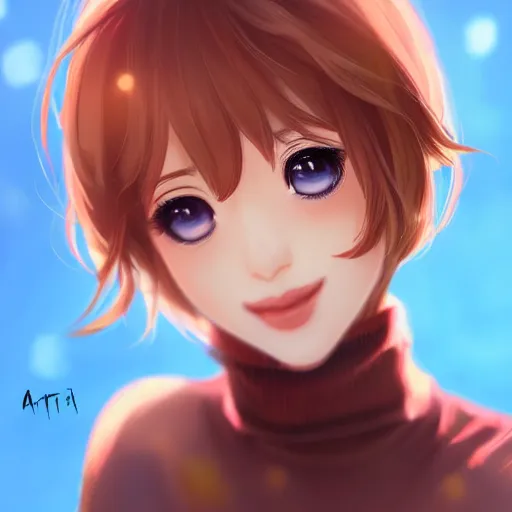 Prompt: portrait of Sayori from DDLC, detailed facial features, optimistic colors, bright eyes, warm smile, delicate, by artgerm and WLOP