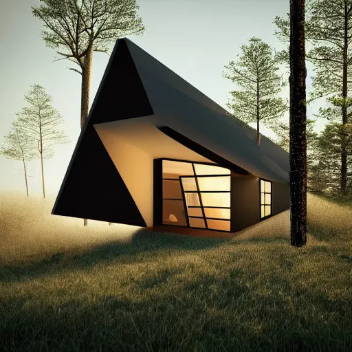 Image similar to minimal modernist a - frame house in the woods, beautiful lighting, volumetric, cinematic lighting, corona render, detailed, symmetrical, minimal, clean