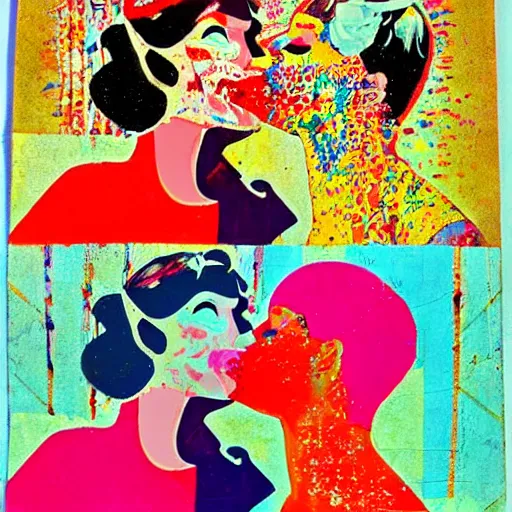 Image similar to two women kissing at a carnival, mixed media collage, retro, paper collage, magazine collage, acrylic paint splatters, retro psychedelia,