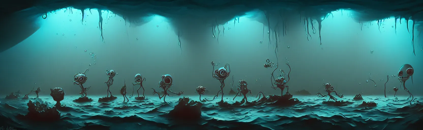 Prompt: wild whimsical watery mutants from the depths of a wasteland deep in the imaginal realm, dramatic lighting, surreal fleischer cartoon characters, shallow dof, surreal painting by ronny khalil