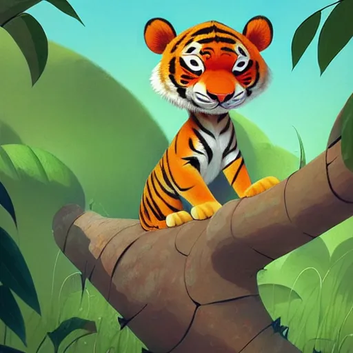 Image similar to goro fujita illustration a young little tiger in the jungle by goro fujita, painting by goro fujita, sharp focus, highly detailed, artstation