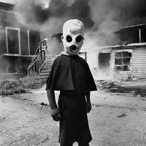 Image similar to A boy wearing a cape and mask, with a haunted look in his eyes, stands in front of a burning building