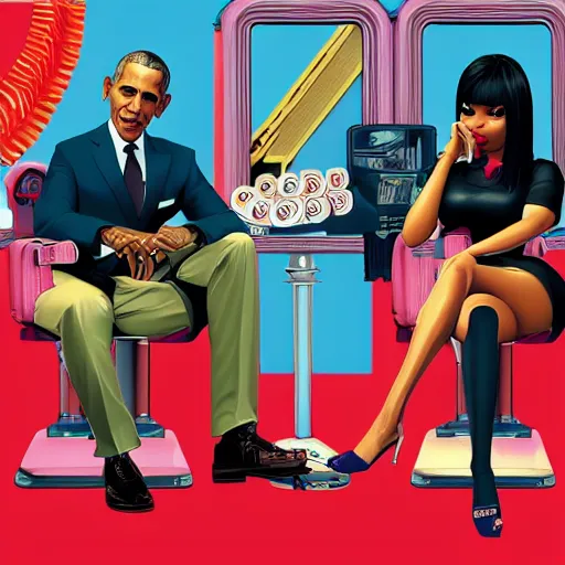 Image similar to nicki minaj sitting next to barack obama in a vintage barbershop in gta v cover art, symmetrical, brownish flat colors, hyper realistic, highly detailed, trending on artstation